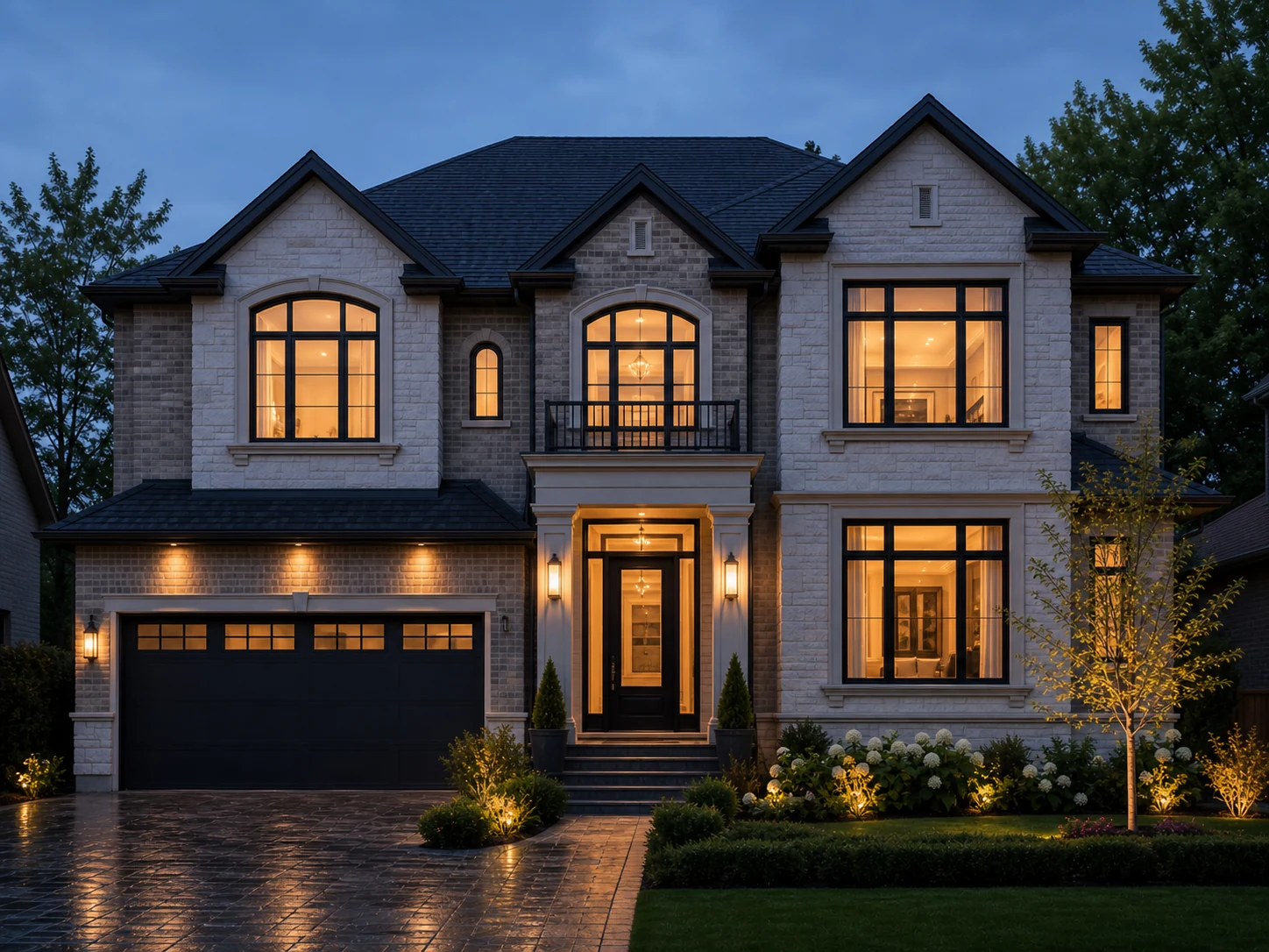 Elegant Oakville family home with warm illuminated windows