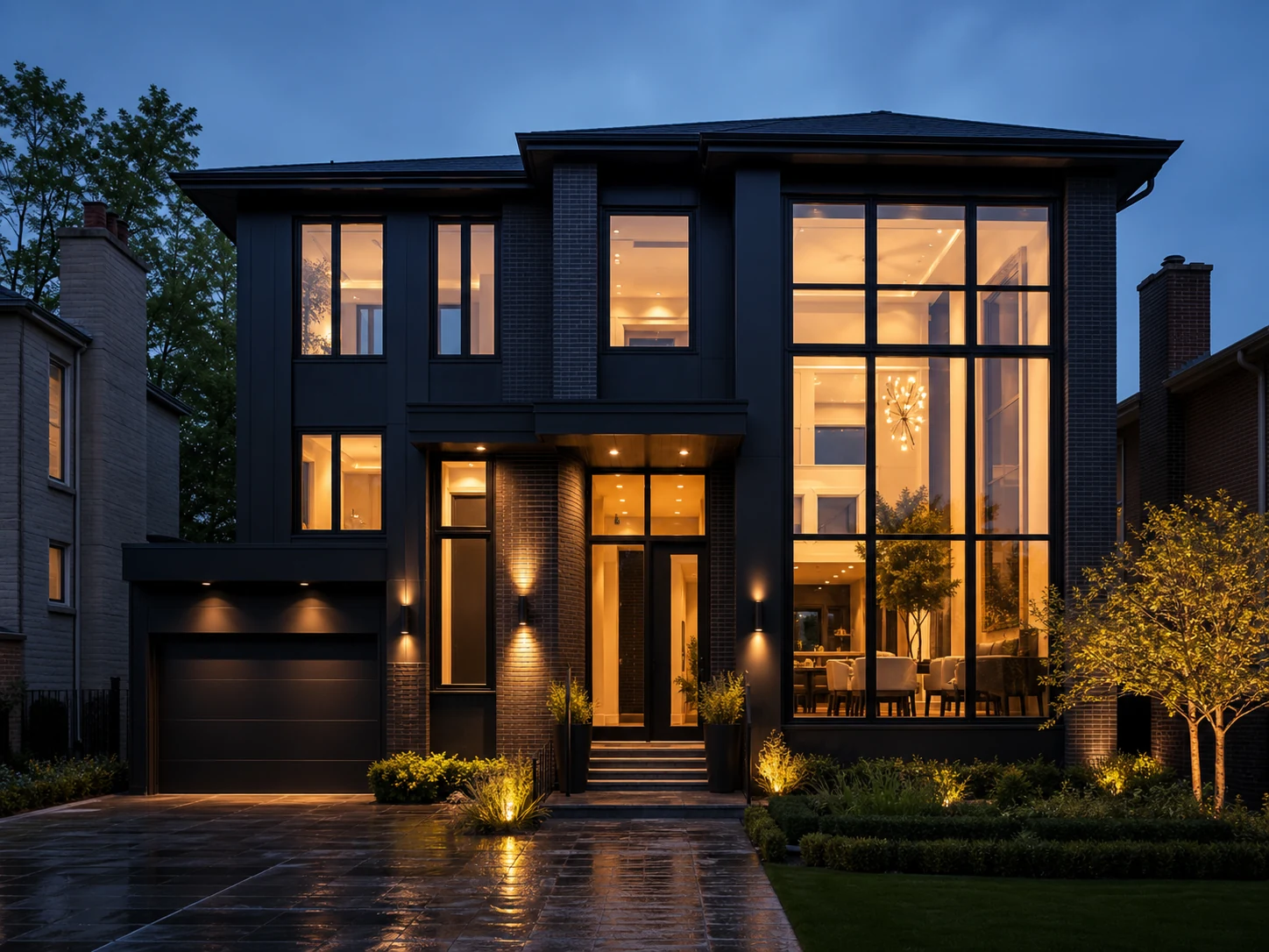 Modern Toronto home with large black-framed windows at blue hour