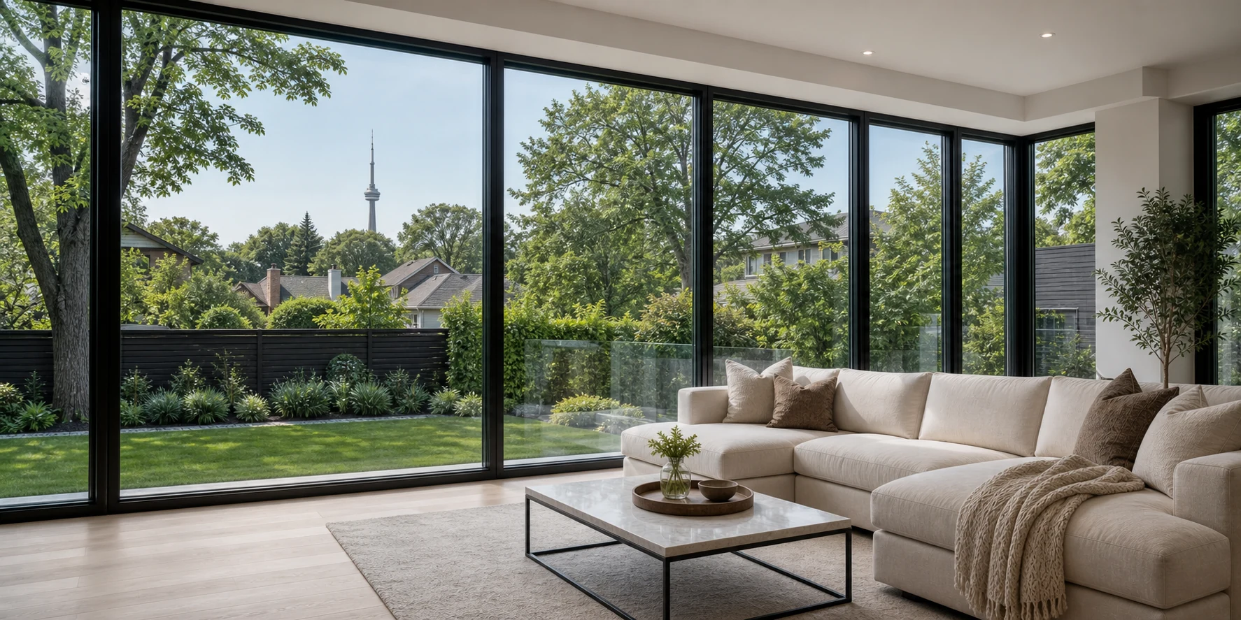 Ground-floor living room in a private Toronto home with large windows, a landscaped backyard and the CN Tower visible beyond low rooftops